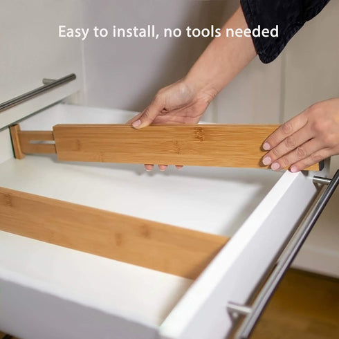 Drawer Dividers Pack of 4, Adjustable Bamboo Clothing Drawer Organizers Spring-loaded, Durable Expandable Organization Separators for Dresser, Kitchen, Bedroom, Bathroom, Office, 13.25-16.75 in