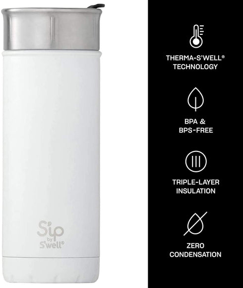 S'ip by S'well Stainless Steel Travel Mug - 16 Fl Oz - Flat White - Double-Layered Vacuum-Insulated Travel Mug Keeps Coffee, Tea and Drinks Cold for 16 Hours and Hot for 4 - BPA-Free Water Bottle