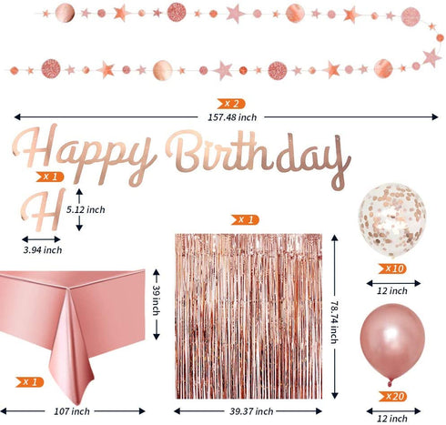 Rose Gold Birthday Party Decoration - Happy Birthday Banner, Glitter Circle Dot Garland Streamer, Rose Gold Fringe Curtain, Foil Tablecloth, Rose Gold Balloons, for Women Girl Birthday Party