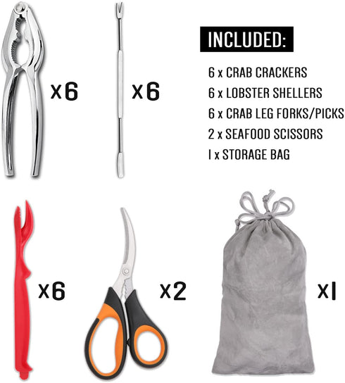 Hiware 19-piece Seafood Tools Set includes 6 Crab Crackers, 6 Lobster Shellers, 6 Crab Leg Forks/Picks and 1 Seafood Scissors & Storage Bag - Nut Cracker Set