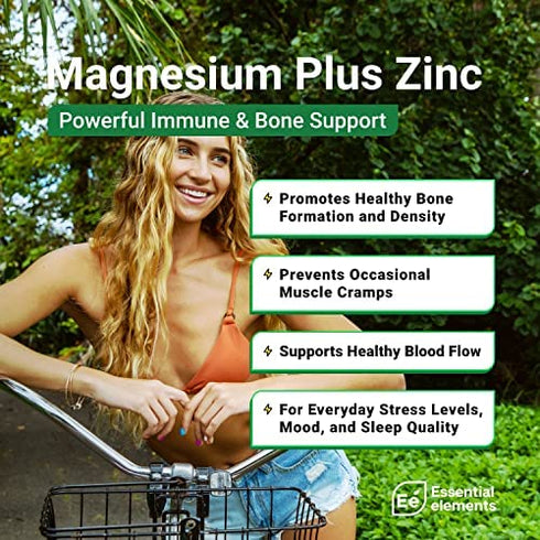 Magnesium & Zinc with Vitamin D3 by Essential Elements - For Sleep Immune & Bone Support | Magnesium Glycinate, Malate, Citrate 200mg - Triple Magnesium Supplement for Women and Men - 3 Month Supply