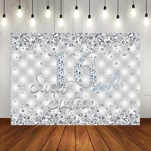 Lofaris Sweet 16 Birthday Party Backdrop Glitter Sliver High Heels Diamond Birthday Background Girls Sweet Sixteen Birthday Party Decorations Banner Photo Booth Props 7x5ft