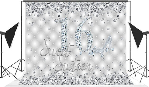 Lofaris Sweet 16 Birthday Party Backdrop Glitter Sliver High Heels Diamond Birthday Background Girls Sweet Sixteen Birthday Party Decorations Banner Photo Booth Props 7x5ft