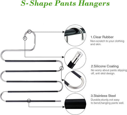 S-Shape Pants Hangers Space Saving Trousers Hangers 4 Pack, 5 Layer Stainless Steel S-Shape Trousers Hangers