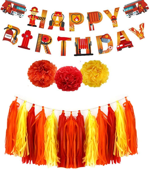 Fire Truck Party Supplies - Fireman Happy Birthday Banner, Paper Pom Pom Tissue Tassels, Firefighter Birthday Balloon