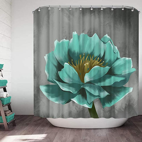 VividHome Teal Gray Flower Shower Curtain Vintage Floral Lotus Flowers Polyester Fabric Waterproof Shower Curtain Bathroom Accessory Sets 12 Hooks Included 72X72inch