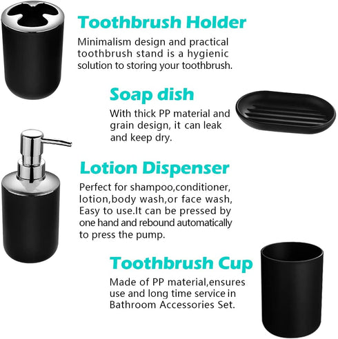 Papillon Bathroom Accessories Set-6 Piece Plastic Gift Set Toothbrush Holder,Toothbrush Cup,Soap Dispenser,Soap Dish,Toilet Brush Holder,Trash Can,Tumbler Straw Set Bathroom (Black)