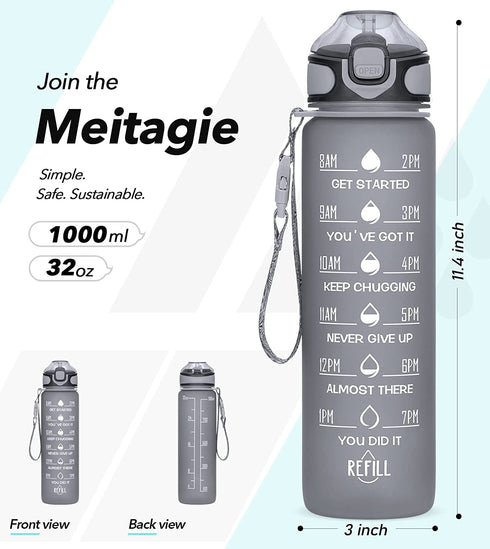 Water Bottle 32oz with Straw, Motivational Water Bottle with Time Marker & Buckle Strap,Leak-Proof Tritan BPA-Free, Ensure You Drink Enough Water for Fitness, Gym, Camping, Outdoor Sports