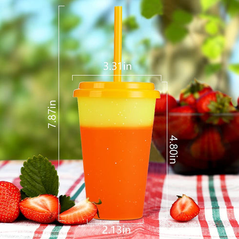 Color Changing Cups with Lids & Straws - 12 oz Reusable Cute Plastic Tumbler Bulk - 7 Pack Kids Small Funny Travel Straw Tumblers/ Adults Iced Cold Drinking Party Cup