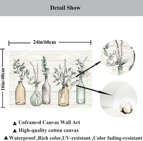 Flower Wall Art Painting Line Wood Texture Botanical Wall Art Canvas Picture Contemporary Botanic in Jar Canvas Artwork for Living Room Bedroom Kitchen Dinning Room Office Home Decor No Frame 24x16in