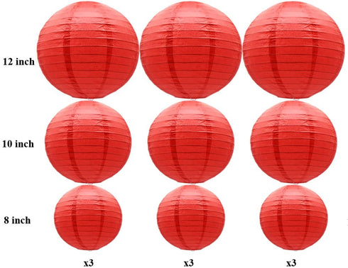 ADLKGG Round Hanging Paper Lanterns Decorations for Party Wedding Birthday Baby Showers Christmas Supplies, Red 12'',10'', 8'', 9 Pack