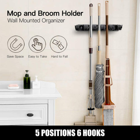 2 Pack Imillet Mop and Broom Holder, Wall Mounted Organizer Mop and Broom Storage Tool Rack with 5 Ball Slots and 6 Hooks (Black)