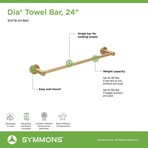 Symmons 353TB-24-BBZ Dia 24 in. Wall-Mounted Towel Bar in Brushed Bronze