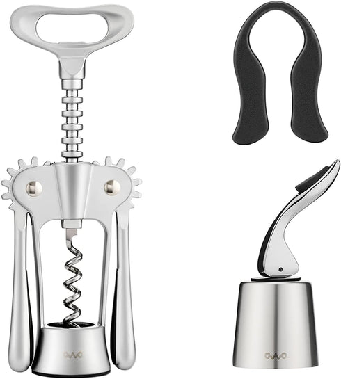 OWO Wine Opener Set Wing Corkscrew with Wine Foil Cutter and Wine Stoppers Used in Kitchen Restaurant Chateau and Bars Stainless Steel (Wine Opener Set, Silver)