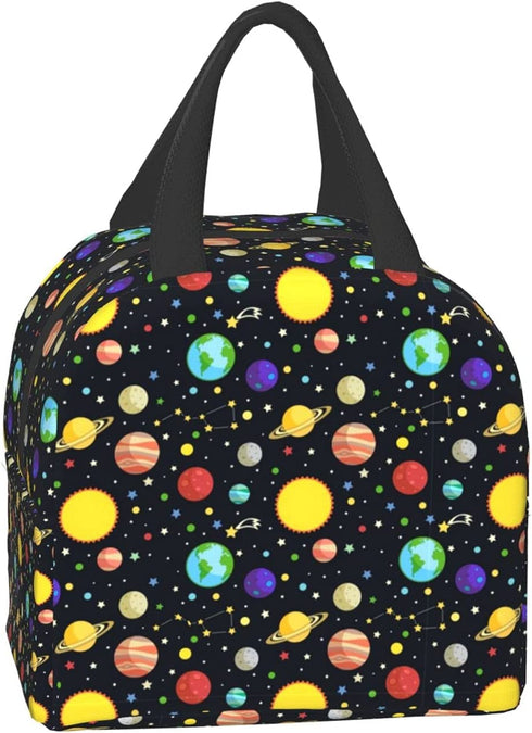 Cute Planet Insulated Black Lunch Bag for Teen Boys, Reusable Aesthetic Packit Freezable Cooler Totes Lunch Box for Office Work Picnic