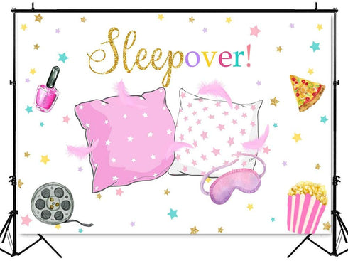 Mocsicka Sleepover Party Backdrop Sleepover Pajamas Pillow Fight Pink Girl Party Decorations Slumber Party Banner Photography Background Cake Table Studio Props (7x5ft)
