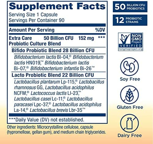 Renew Life Adult Probiotics, 50 Billion CFU Guaranteed, Probiotic Supplement for Digestive & Immune Health, Shelf Stable, Gluten Dairy & Soy Free, Extra Care Digestive, 90 Capsules