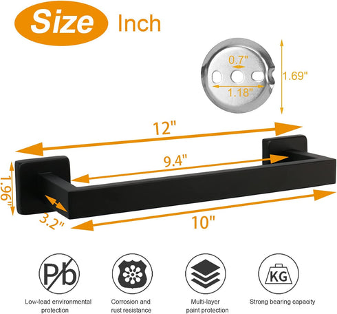 TocTen Bath Towel Rack - Square Base Thicken SUS304 Stainless Steel Towel Bar for Bathroom, Bathroom Accessories Towel Rod Heavy Duty Wall Mounted Towel Holder. (Black, 12)