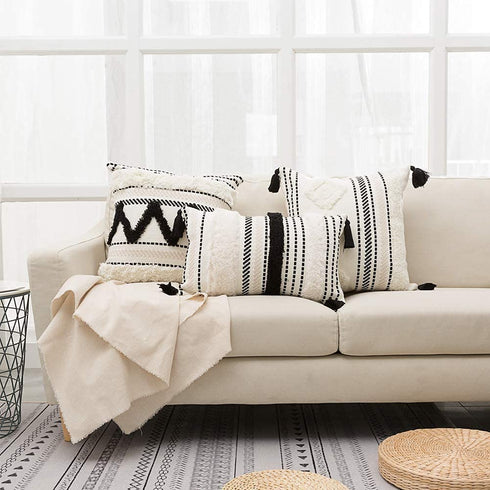 18x18 Pillow Covers Morocco Throw Pillows Cover for Couch Bed, Boho Tufted Square Decorative Pillow Covers, Farmhouse Neutral Throw Pillow Case with Tassels, Black Off White