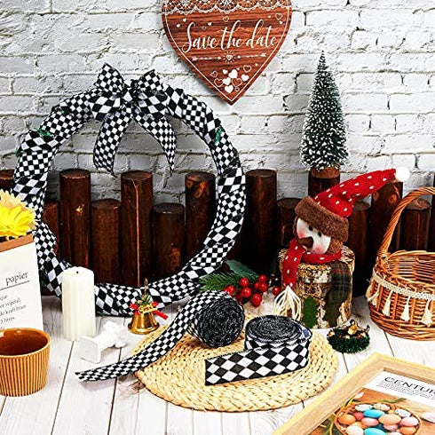 2 Rolls/ 20 Yards Black and White Checkered Ribbons Buffalo Plaid Wired Edge Ribbon Diamond Check Gingham Wrapping Ribbon for Christmas Tree DIY Hair Bow Wreath Decors Crafts, 2 Styles (1.5 Inch Wide)