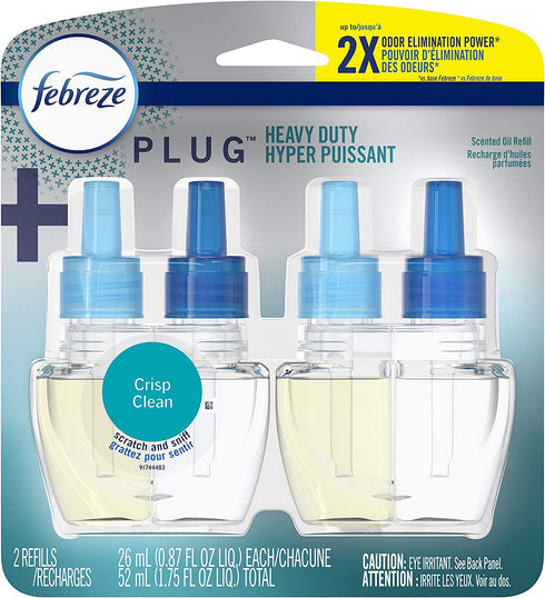 Febreze Plug in Air Fresheners, Heavy Duty Crisp Clean, Odor Eliminator for Strong Odors, Scented Oil Refill (2 Count)