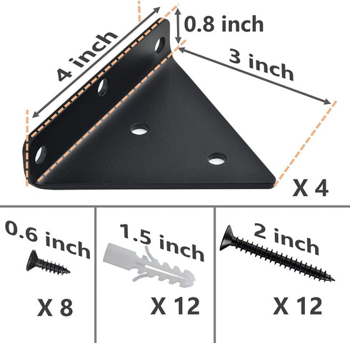 Halyuhn Floating Triangle Brackets 4 Pcs for Small Floating Wood Shelves, 4 x 3 inches Wall Triangle Shelf Brackets with 2 inches Anchor Screws, Black Carbide Metal Brackets Set for Wood Shelf