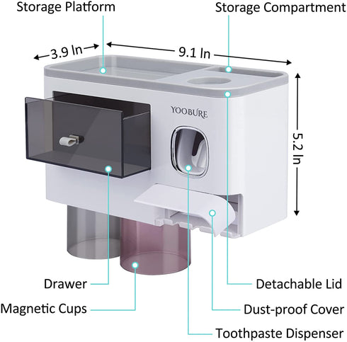 Toothbrush Holders Wall Mounted, Yoobure Automatic Toothpaste Dispenser Set for Bathrooms, Multifunctional Bathroom Organizer Holder with Cosmetic Drawer, 2 Magnetic Cups and 6 Toothbrush Slots