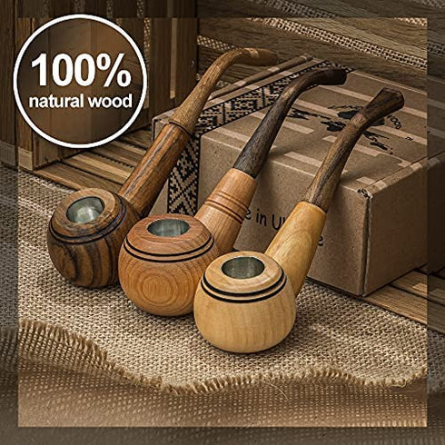Tobacco Pipe Set of 3 – Handmade Wooden Smoking Pipes for Tobacco and Herbs – Unique 100% Natural Long Smoking Pipes