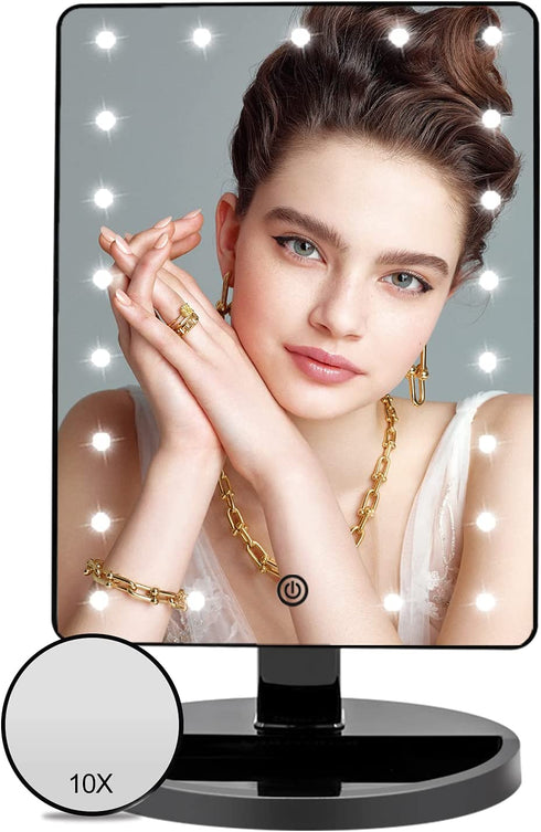 Lighted Vanity Makeup Mirror with 21 LED Lights and 10X Magnification Mirror?Cosmetic Beauty Mirror with Double Power Supply,Touch Sensor Screen Light Up Mirror for Makeup 180° Rotation (Black)