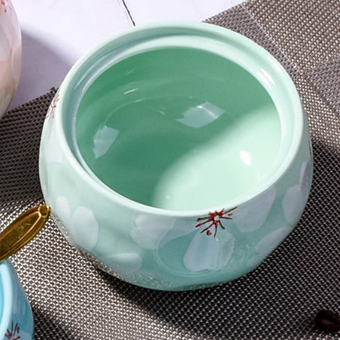 Ceramic Sugar Bowl with Lid, Ceramics Cyan Sugar Salt Pepper Storage Jar Seasoning Pot with Lid and Spoon for Home and Kitchen