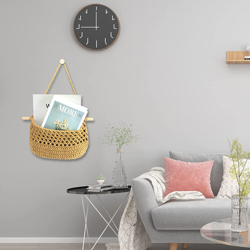 Boho Hanging Fruit Woven Baskets Handmade Pocket Hanger Fruit Storage Wall Mount Organization with 2 Hooks to Store All Items for Home Kitchen Modern D©cor (khaki)
