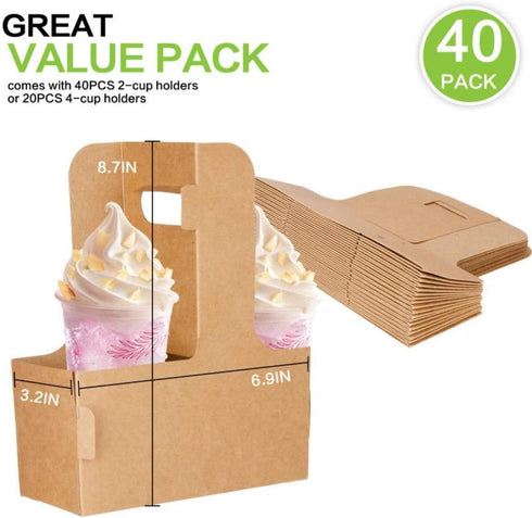 Karderon Kraft Drink Carrier with Handles (40 Pack) - 2 Cups or 4 Cups Assemblable Beverage Cup Carriers Great for All Your Beverage Delivery