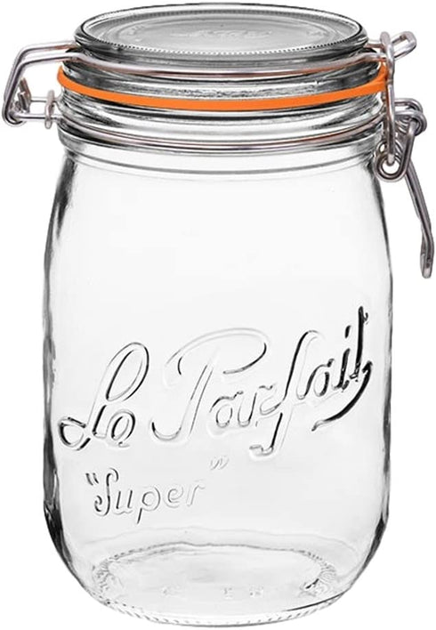 Le Parfait Super Jar - 1L French Glass Canning Jar w/Round Body, Airtight Rubber Seal & Glass Lid, 32oz/Quart (Single Jar) Stainless Wire