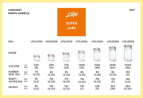 Le Parfait Super Jar - 1L French Glass Canning Jar w/Round Body, Airtight Rubber Seal & Glass Lid, 32oz/Quart (Single Jar) Stainless Wire