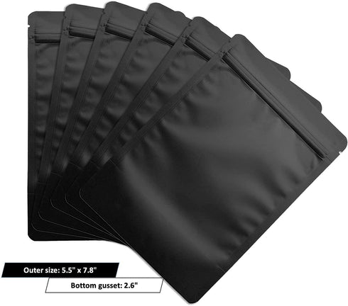 100 Pack Matte Black Mylar Stand Up Bags - 5.5x7.8 Inches Smell Proof Resealable Bags, Sealable Foil Packaging Bags