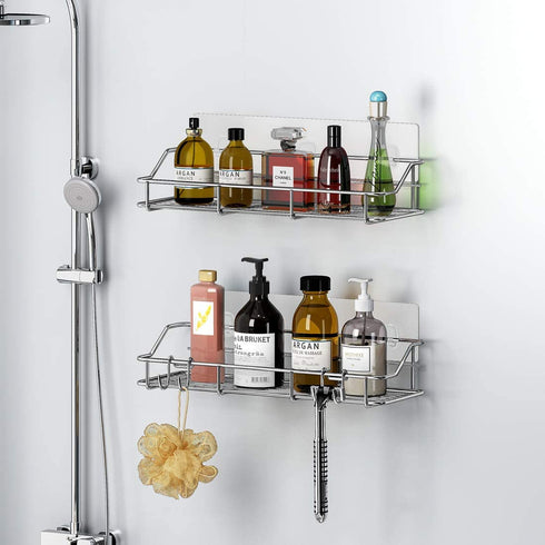 Adhesive Shower Caddy Shower Shelf Basket with Hooks, 304 Stainless Steel, 2 Pack (Silver)