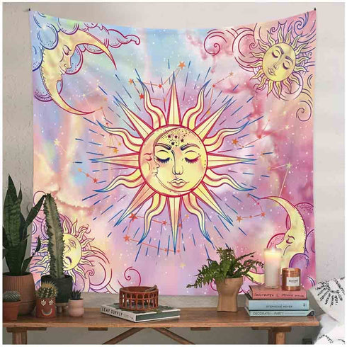 Pink Tapestry Burning Sun Tapestry Psychedelic Hippy Tie Dye Sun Tapestries Celestial Sun and Moon with Stars Tapestry Abstract Wall Tapestry for Bedroom, Living Room, Dorm Decor (78.7"*59", Pink)