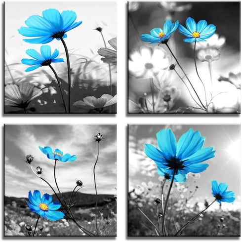 HLJ ART Modern Salon Theme Black and White Peacock Blue Vase Flower Painting Still Life Canvas Wall Art for Home Bathroom Living Room Wall Decor