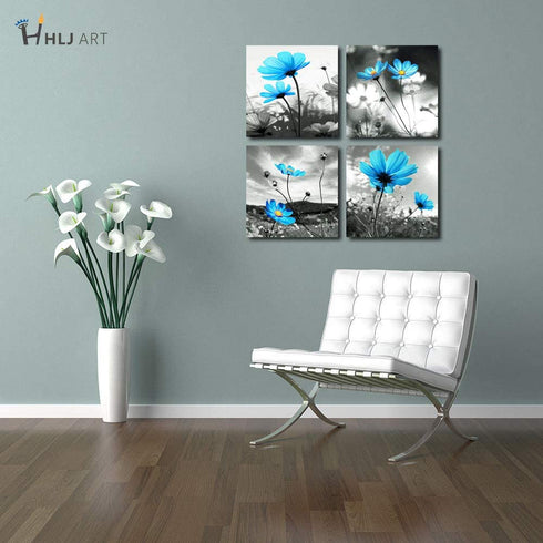 HLJ ART Modern Salon Theme Black and White Peacock Blue Vase Flower Painting Still Life Canvas Wall Art for Home Bathroom Living Room Wall Decor