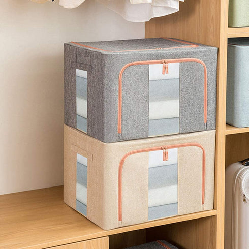 TOUCH-RICH Storage Bins Foldable with Window & Carry Handles Linen Fabric Collapsible Storage Boxes Organizer Set Stackable Containers for Home Bedroom Office Closet Nursery (Gray)