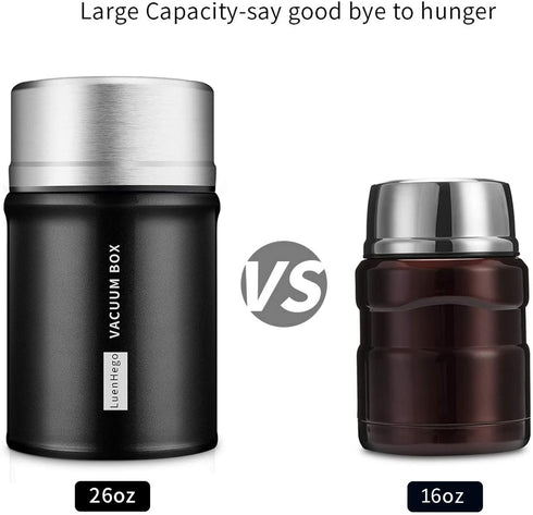 Insulated Food Jar Lunch Container for Hot Food 26 oz Wide Mouth Stainless Steel Thermos LuenHego Leak Proof Thermal Flask with Folding Spoon for School Office Picnic Travel Outdoors - Matte Black