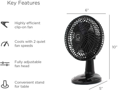 Genesis 6-Inch Clip Convertible Table-Top & Clip Fan Two Quiet Speeds - Ideal For The Home, Office, Dorm, More Black (A1CLIPFANBLACK)