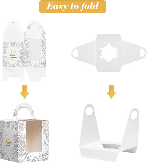 50Pcs Cupcake Boxes Individual,LittleDirigible Portable Single Cupcake Carrier with Window Insert Handle,Pastry Muffins Boxes for Wedding Birthday Party