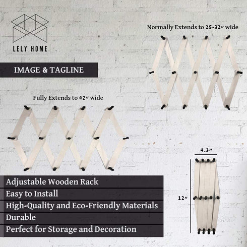 Expandable Wooden Coat Rack Hanger - Retro Wall Mounted Accordion Peg Rack - 13 Coat Hooks for Mugs, Hats, Bags - Business or Home Decor and Organization (Natural Wood)