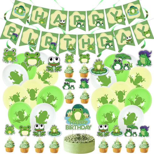 Frog Party Supplies, Cute Cartoon Frog Theme Birthday Decorations with Happy Birthday Banner, Cake Toppers, Balloons, Hanging Swirls for Boys Girls 1st Baby Shower Frog Themed Party Supplies Decor
