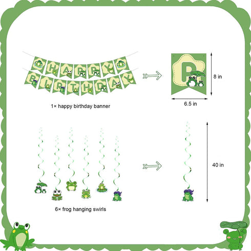 Frog Party Supplies, Cute Cartoon Frog Theme Birthday Decorations with Happy Birthday Banner, Cake Toppers, Balloons, Hanging Swirls for Boys Girls 1st Baby Shower Frog Themed Party Supplies Decor