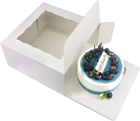 Cake Boxes 10 Inch, FEELFINE, 12pcs 10x10x5 Inches Bakery Boxes Cake Boxes with Window Cake Boards for Cakes, Cookies, Strawberries, Donuts, Muffins