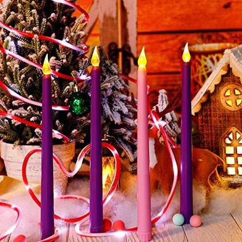 Honoson 4 Pieces LED Flameless Advent Candle Set Purple and Pink Advent Taper Candles for Christmas Advent Rituals, Casting Chimes, Spells