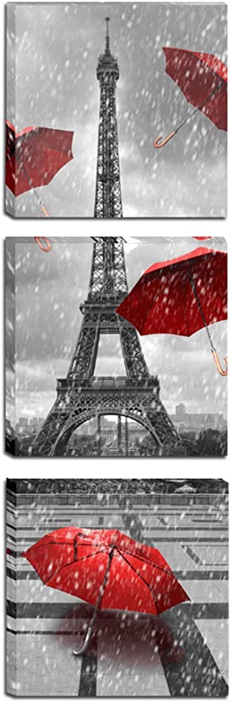 Paris Eiffel Tower Canvas Wall Art Decor Red Umbrellas Poster Prints Pictures Artwork for Living Room Ready to Hang (Red, 12X12inchx3 (30x30cmx3))