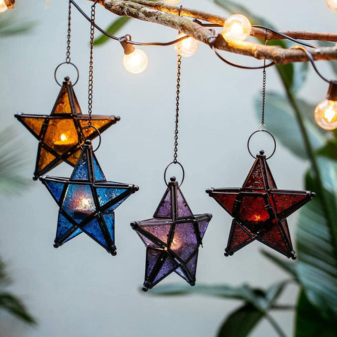 Star Lantern Hanging Glass Star Red Decoravtive Lantern Candle Holder for Home Patio Garden Decoration Red